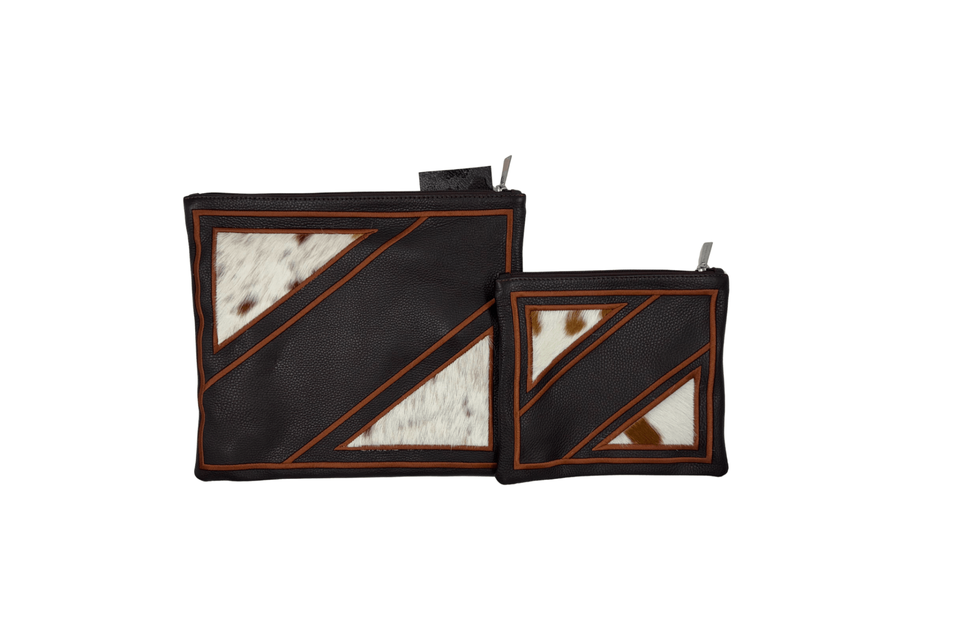 Dark Brown Genuine Leather Tallit & Tefillin Bag Set with Geometric Natural Hide Panels – Handmade in Israel