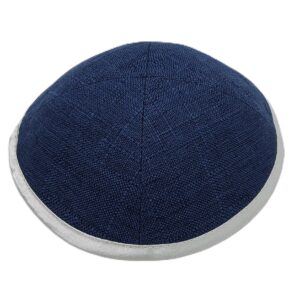 Blue with Silver rim Linen Kippah – Natural Linen Yarmulke