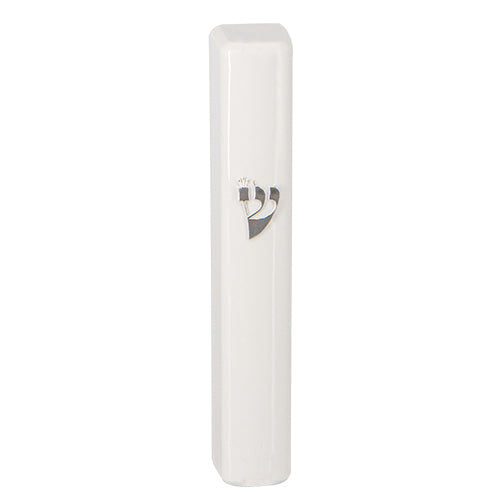 White Plastic Mezuzah Case with Silver Shin