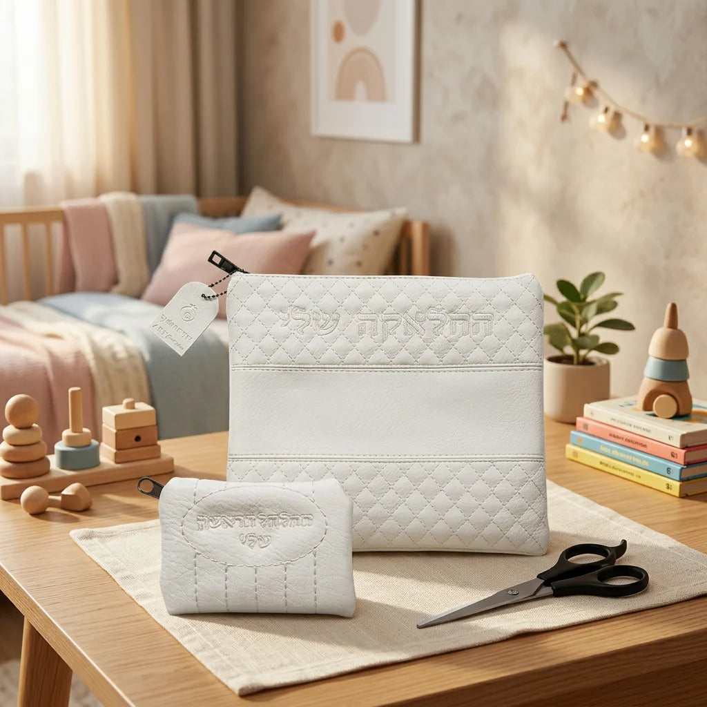 Luxury White Faux Leather Upsherin Tallit Bag Set for Children – Keepsake Curl Pouch & Scissors