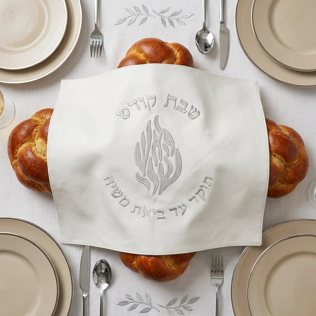 Elegant White Faux Leather Challah Cover – "My Fire Shall Burn Until the Coming of Mashiach"