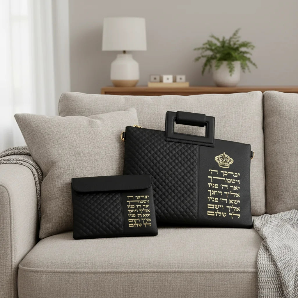 Faux Leather Tallit & Tefillin Bag Set with Strap – Priestly Blessing Design- Black & Gold