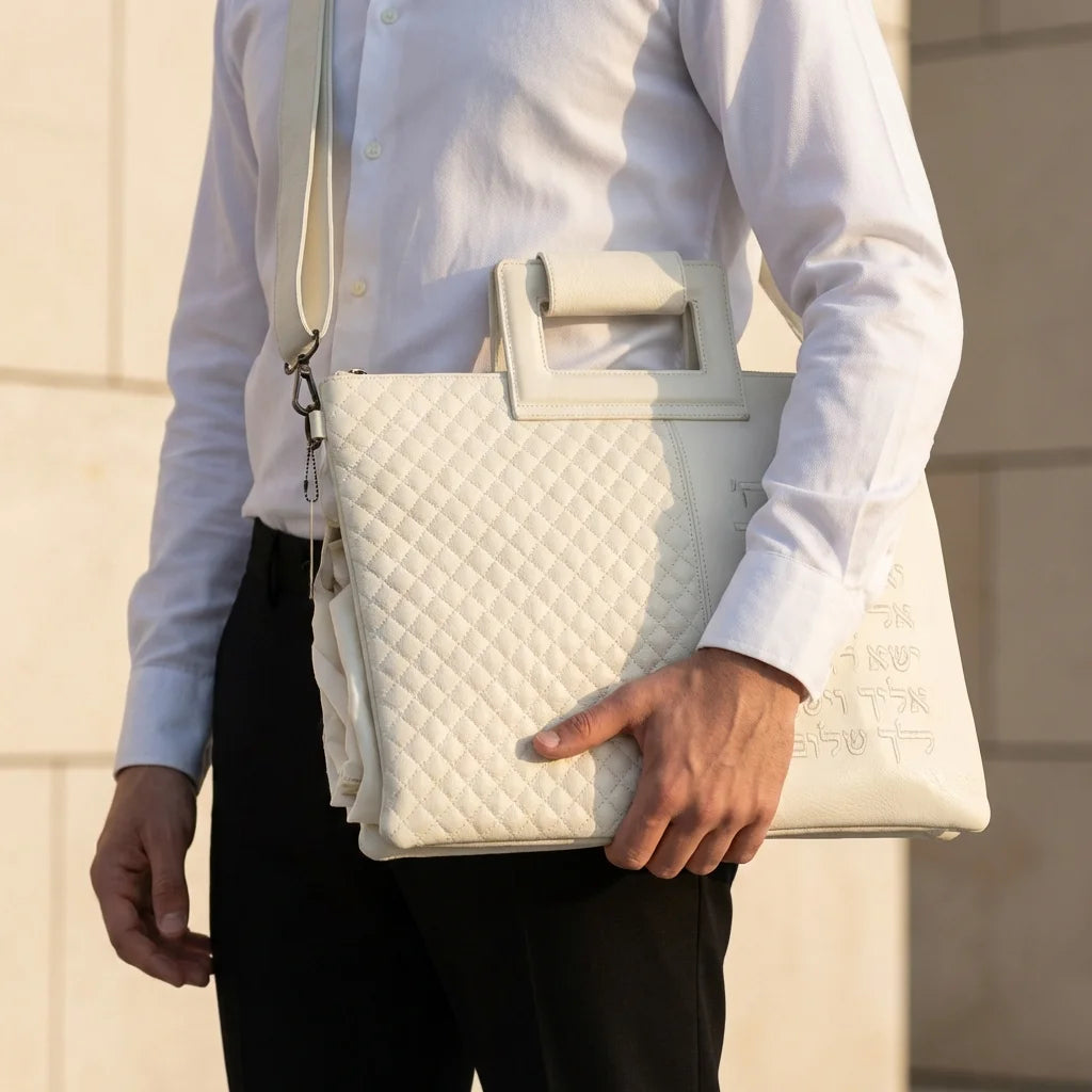 Faux Leather Tallit & Tefillin Bag Set with Strap – Priestly Blessing Design- White