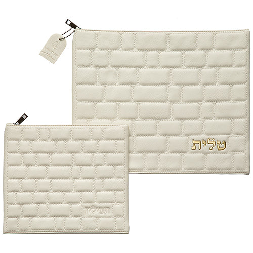 Faux Leather Western Wall Style Tallit & Tefillin Bag Set – Classic Design- White & Gold