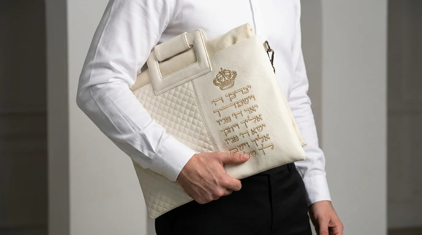 Faux Leather Tallit & Tefillin Bag Set with Strap – Priestly Blessing Design- White & Gold