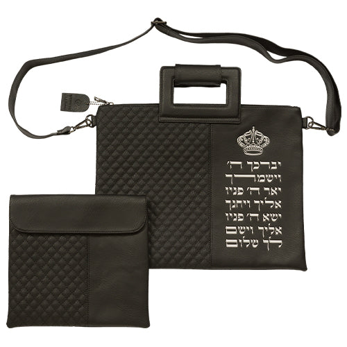 Faux Leather Tallit & Tefillin Bag Set with Strap – Priestly Blessing Design- Black & Silver