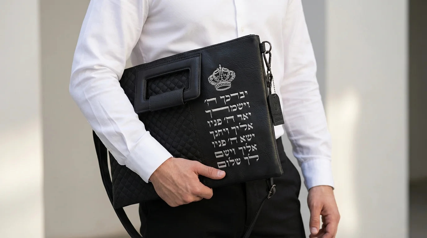 Faux Leather Tallit & Tefillin Bag Set with Strap – Priestly Blessing Design- Black & Silver
