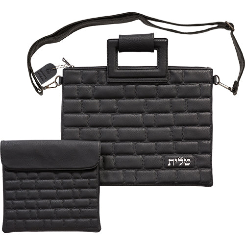 Faux Leather Western Wall Style Tallit & Tefillin Bag Set with Strap – Black