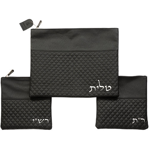 Faux Leather Tallit & Tefillin Bag Set with Strap – Priestly Blessing Design- Rashi & Rabino Tam - Black