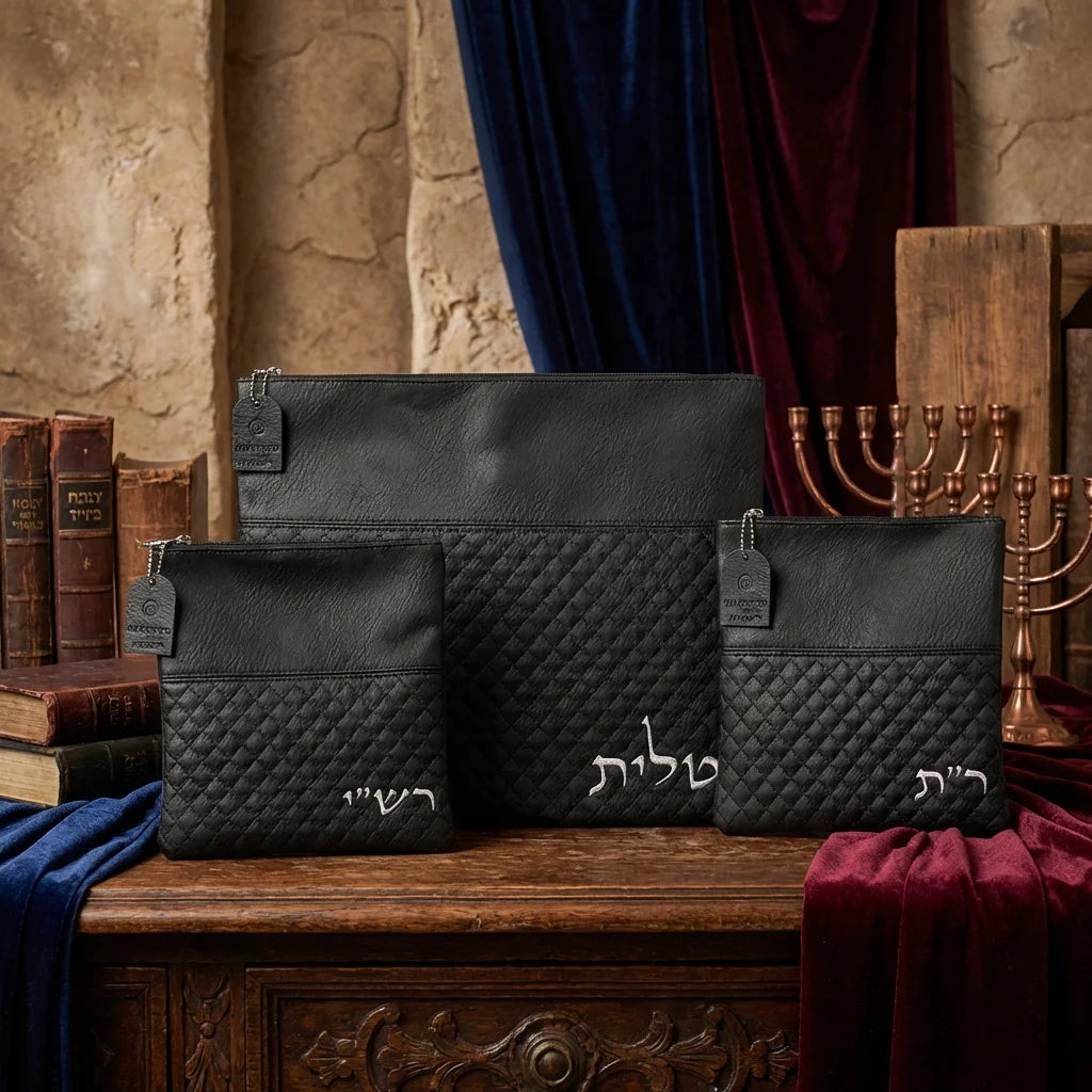Faux Leather Tallit & Tefillin Bag Set with Strap – Priestly Blessing Design- Rashi & Rabino Tam - Black