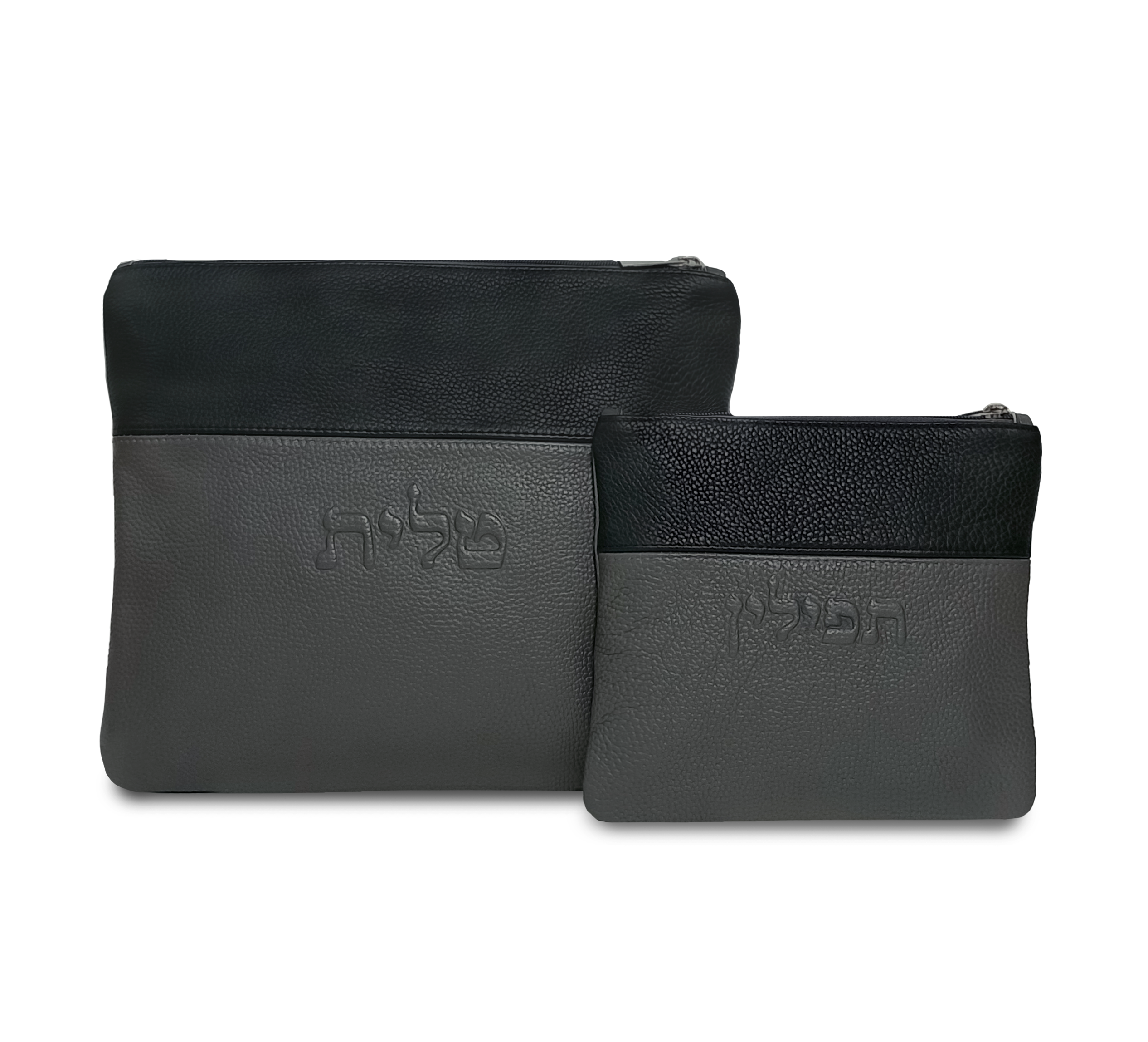 Premium Gray Leather Tallit & Tefillin Bag Set with Black Accent