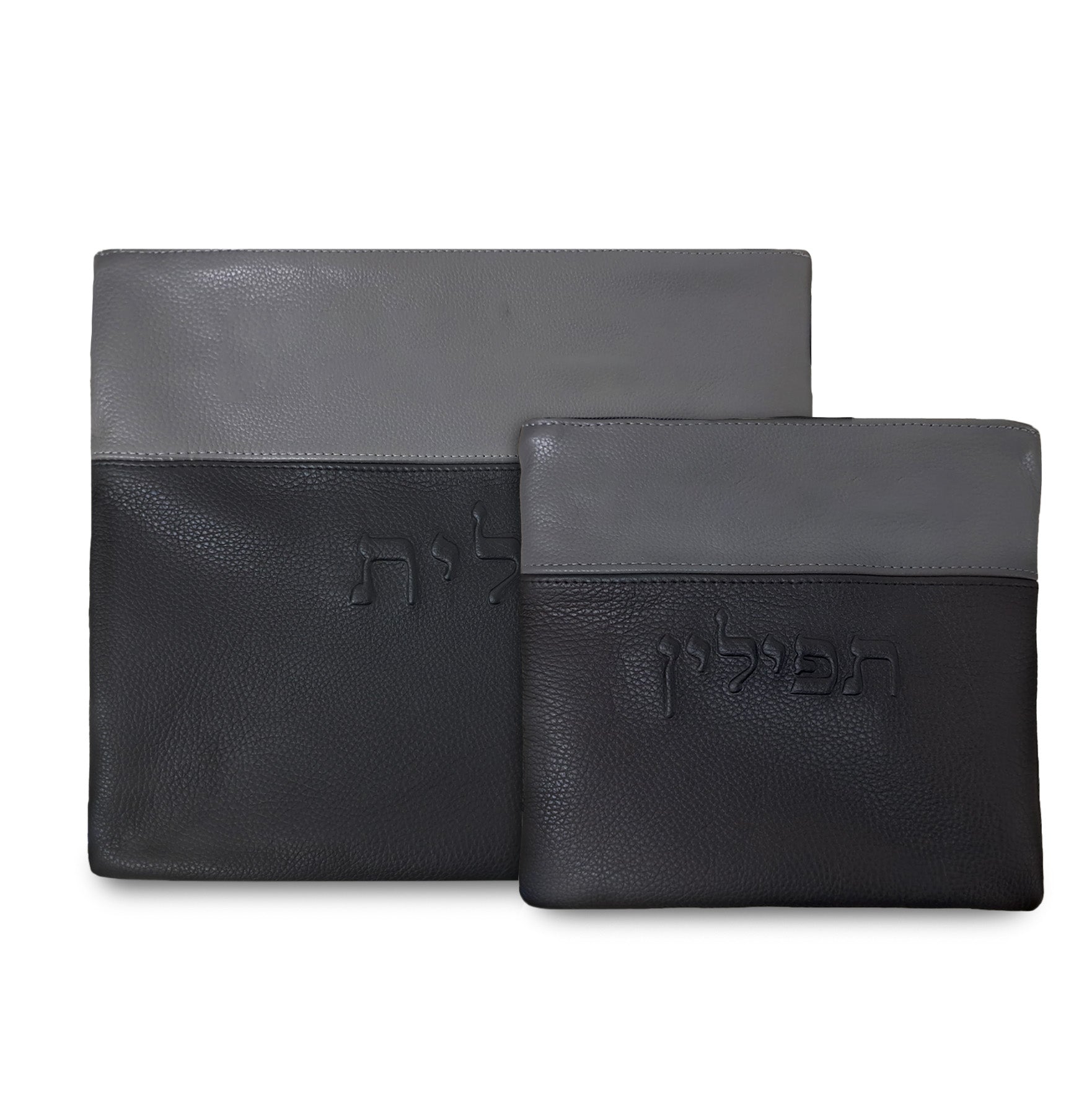 Premium Black Leather Tallit & Tefillin Bag Set with Gray Accent