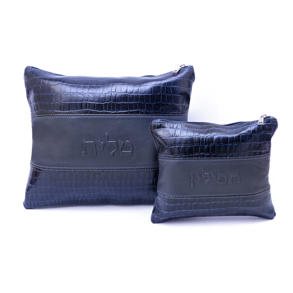 Premium Genuine Leather Tallit & Tefillin Bag Set – Navy Blue Crocodile Edition with Smooth Center Panel