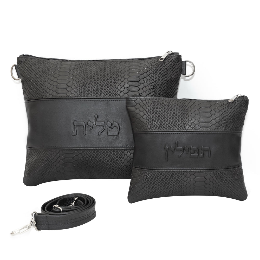 Premium Genuine Leather Tallit & Tefillin Bag Set – Black Crocodile Edition with Smooth Center Panel