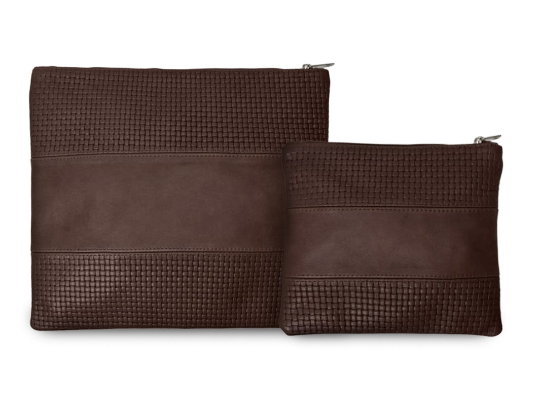 Premium Genuine Leather Tallit & Tefillin Bag Set – Brown Woven Edition