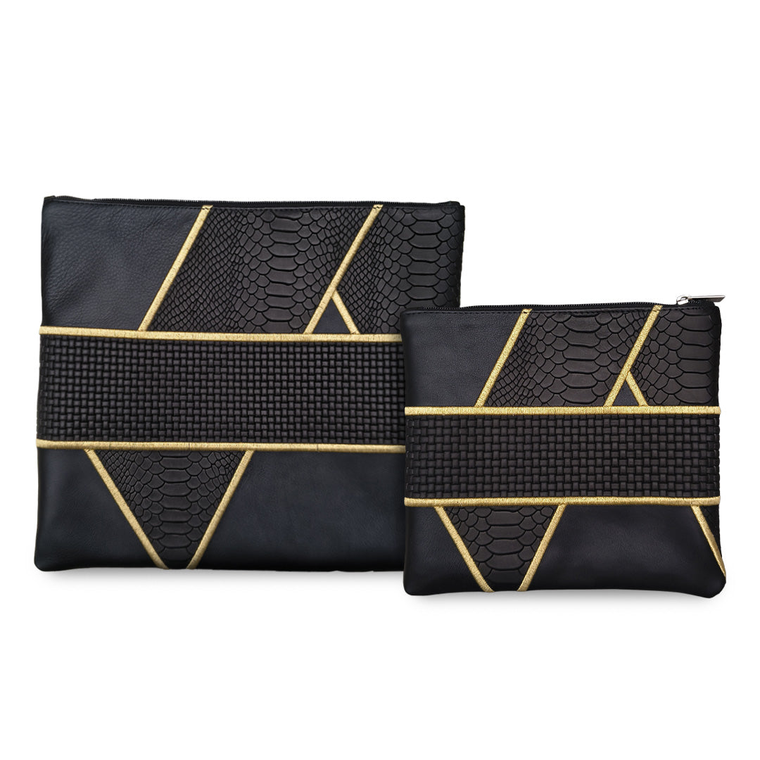Premium Black Leather Tallit & Tefillin Bag Set with Crocodile Leather Geometric Design