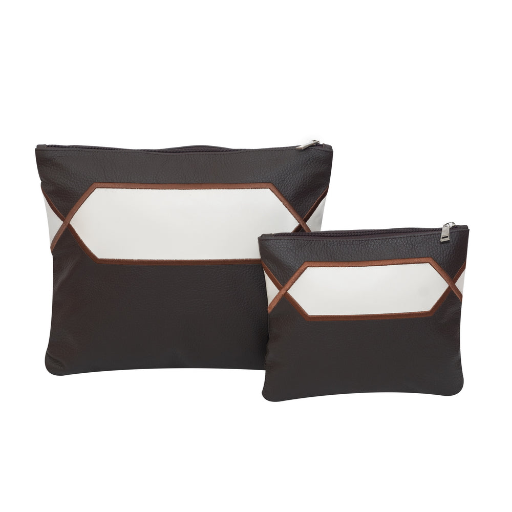 Premium Brown Leather Tallit & Tefillin Bag Set with White Diamond Embroidery Panel