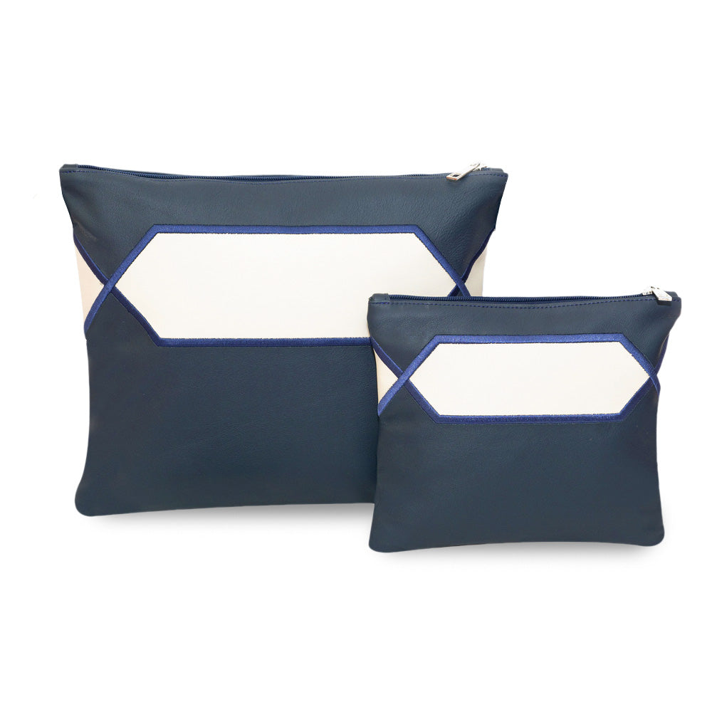 Premium Blue Leather Tallit & Tefillin Bag Set with White Diamond Embroidery Panel
