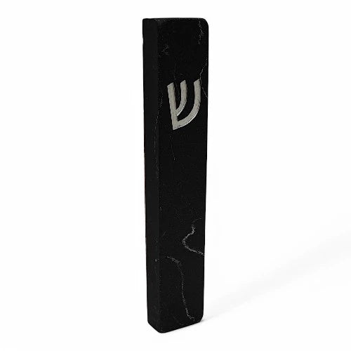 Concrete Mezuzah Case - Black Marble  With Silver Shein - Rectangle
