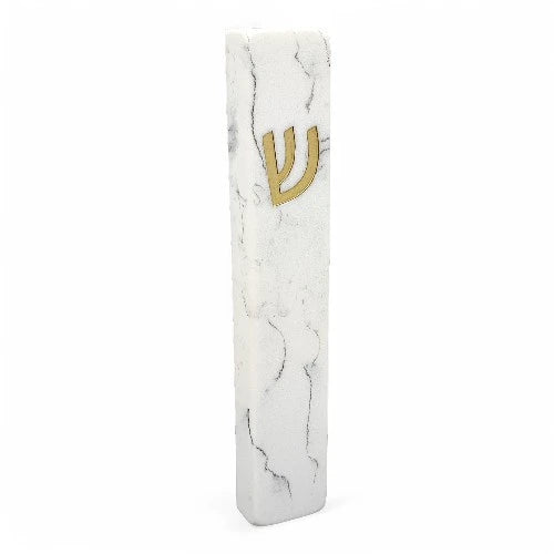 Concrete Mezuzah Case - White Marble With Gold Shein - Rectangle