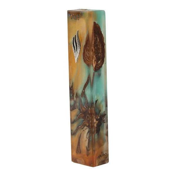 Handcrafted Epoxy & Wood Mezuzah – Large- Blue & Yellow
