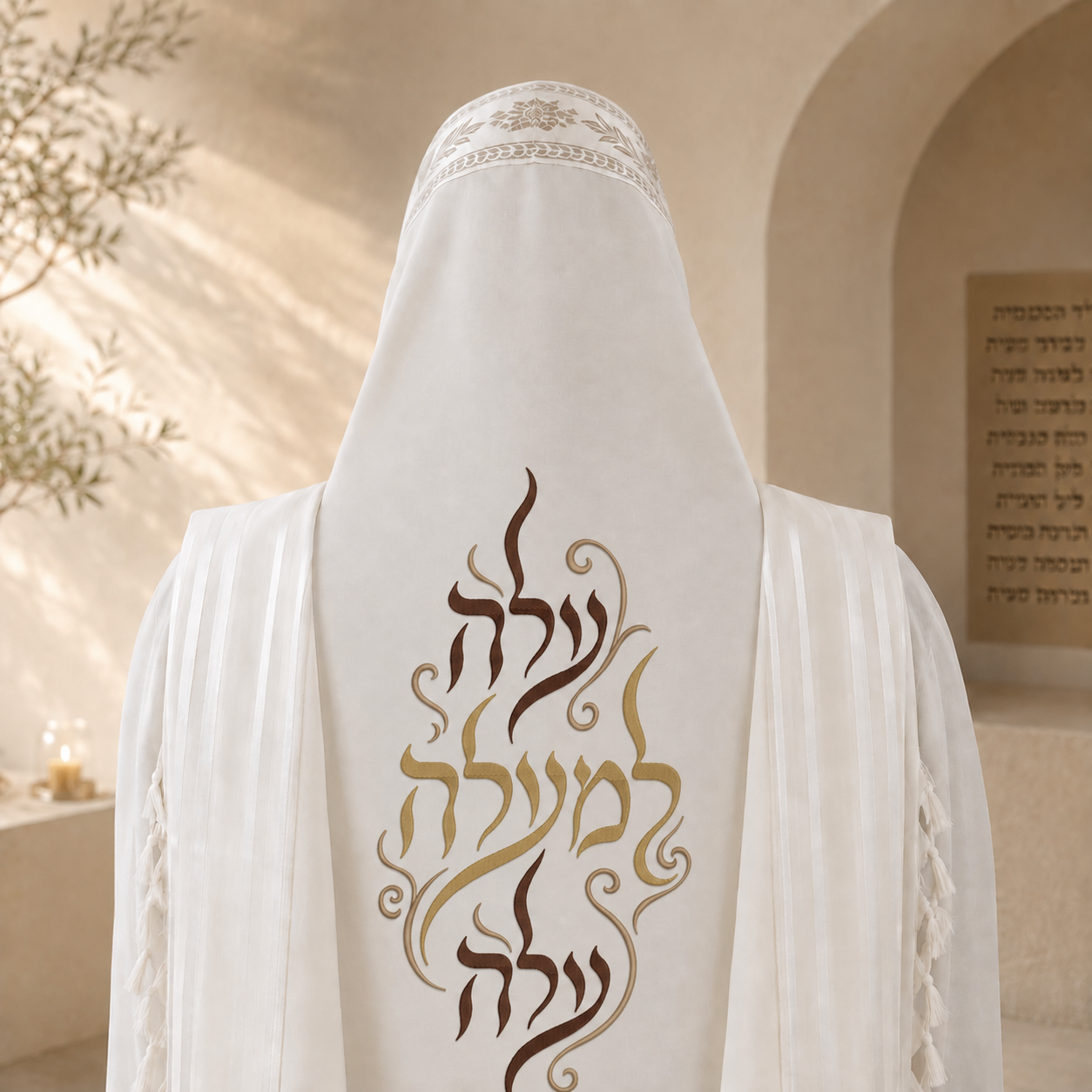"Aleh Lema'alah Aleh" – Hebrew Calligraphy Back Embroidery (Gold, Light Brown & Dark Brown)