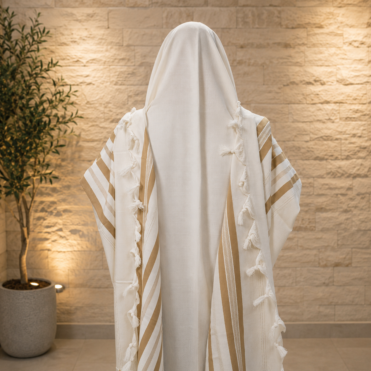 Premium 100% Wool Tallit – Beige Stripes | Made in Israel