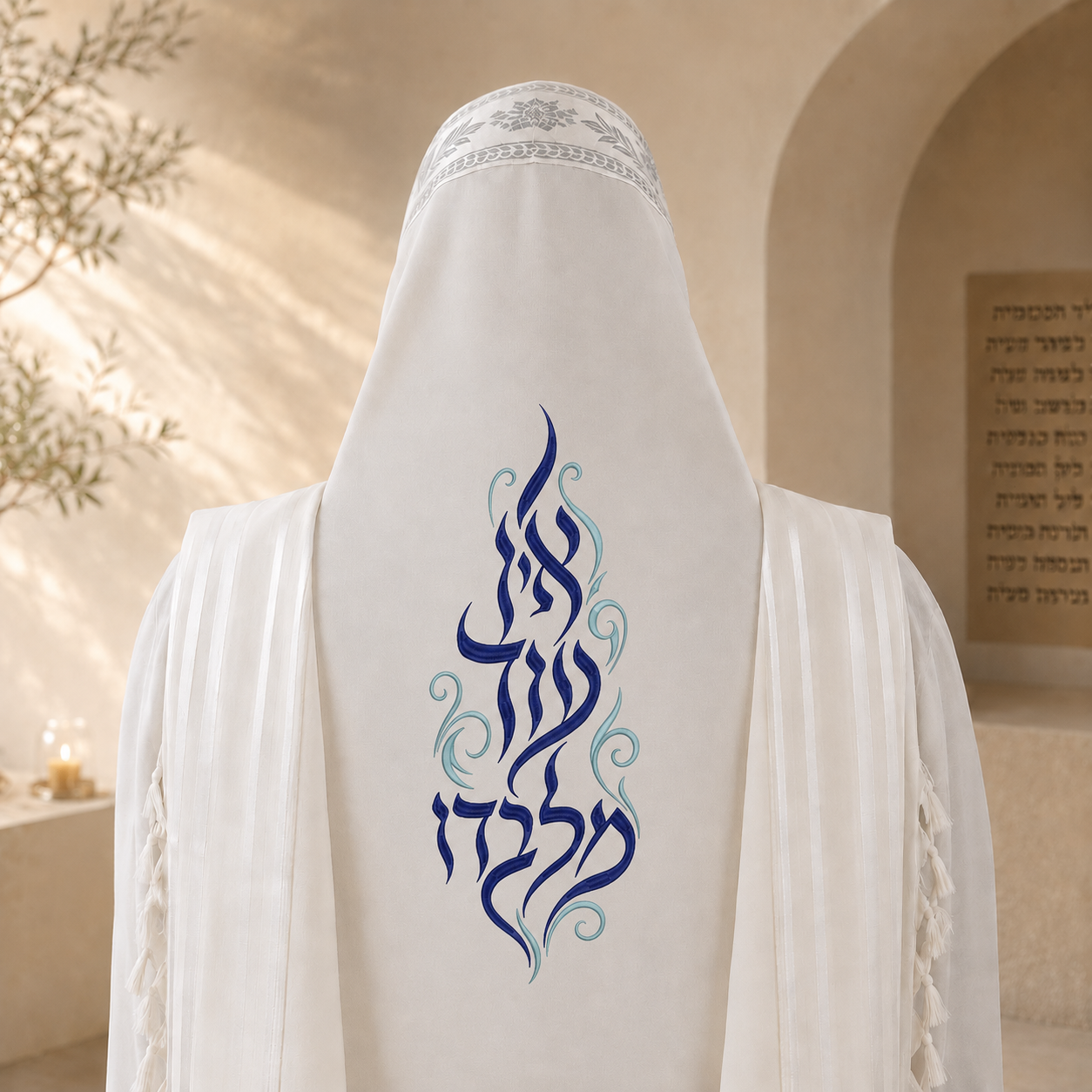 "Ein Od Milvado" Calligraphic Back Embroidery – Navy & Light Blue