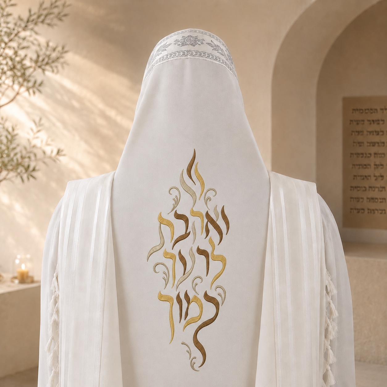 "Ve'Ahavta L'Reacha Kamocha" Calligraphic Back Embroidery – Gold, Brown & Beige