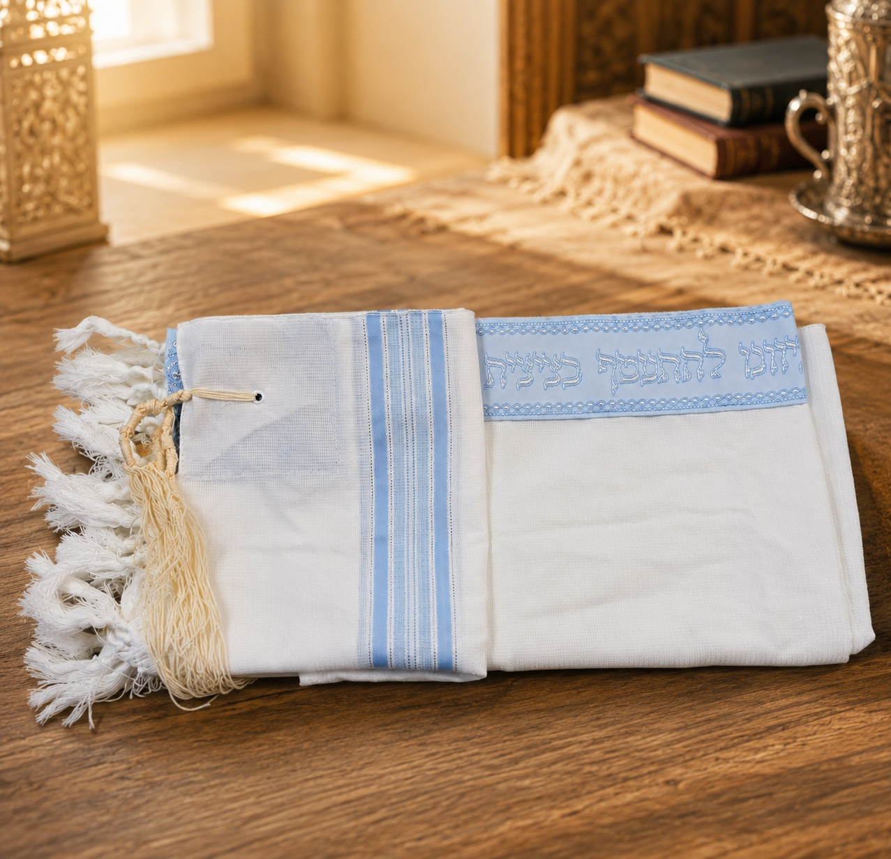 Children's Acrylic Tallit – Techelet & Silver Stripes | Non-Slip Weave
