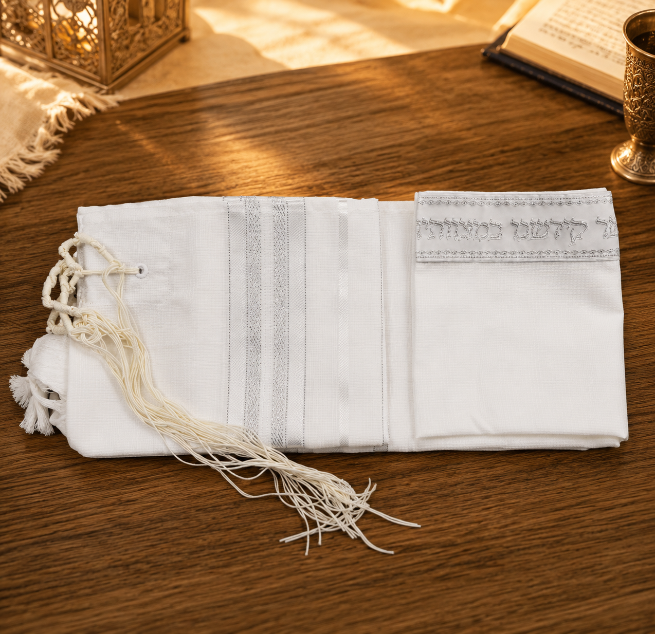 Children's Acrylic Tallit – White & Silver Stripes | Non-Slip Weave