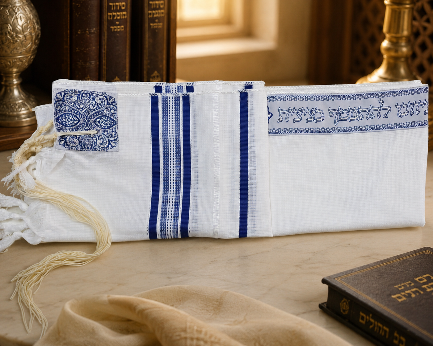 Children's Acrylic Tallit – Navy Blue & Silver Stripes | Non-Slip Weave