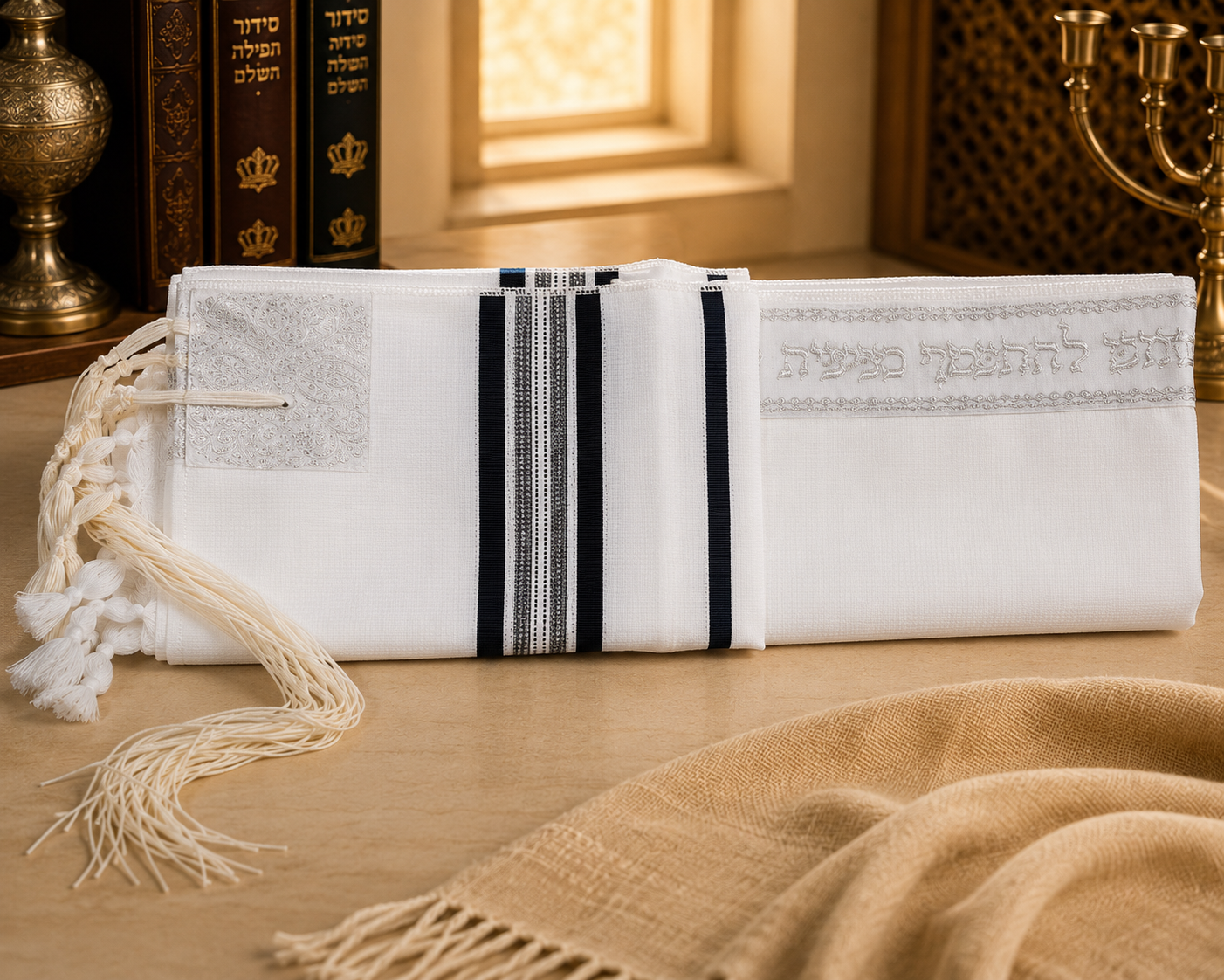Children's Acrylic Tallit – Black & Silver Stripes | Non-Slip Weave