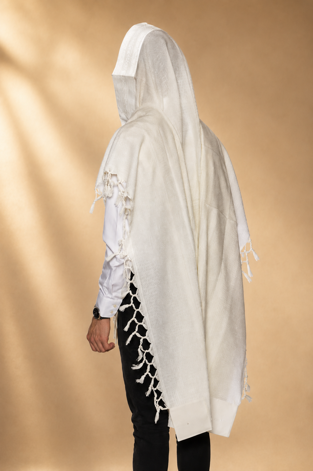 MOOSAF- Non-Slip Fancy pure wool tallit- White stripes