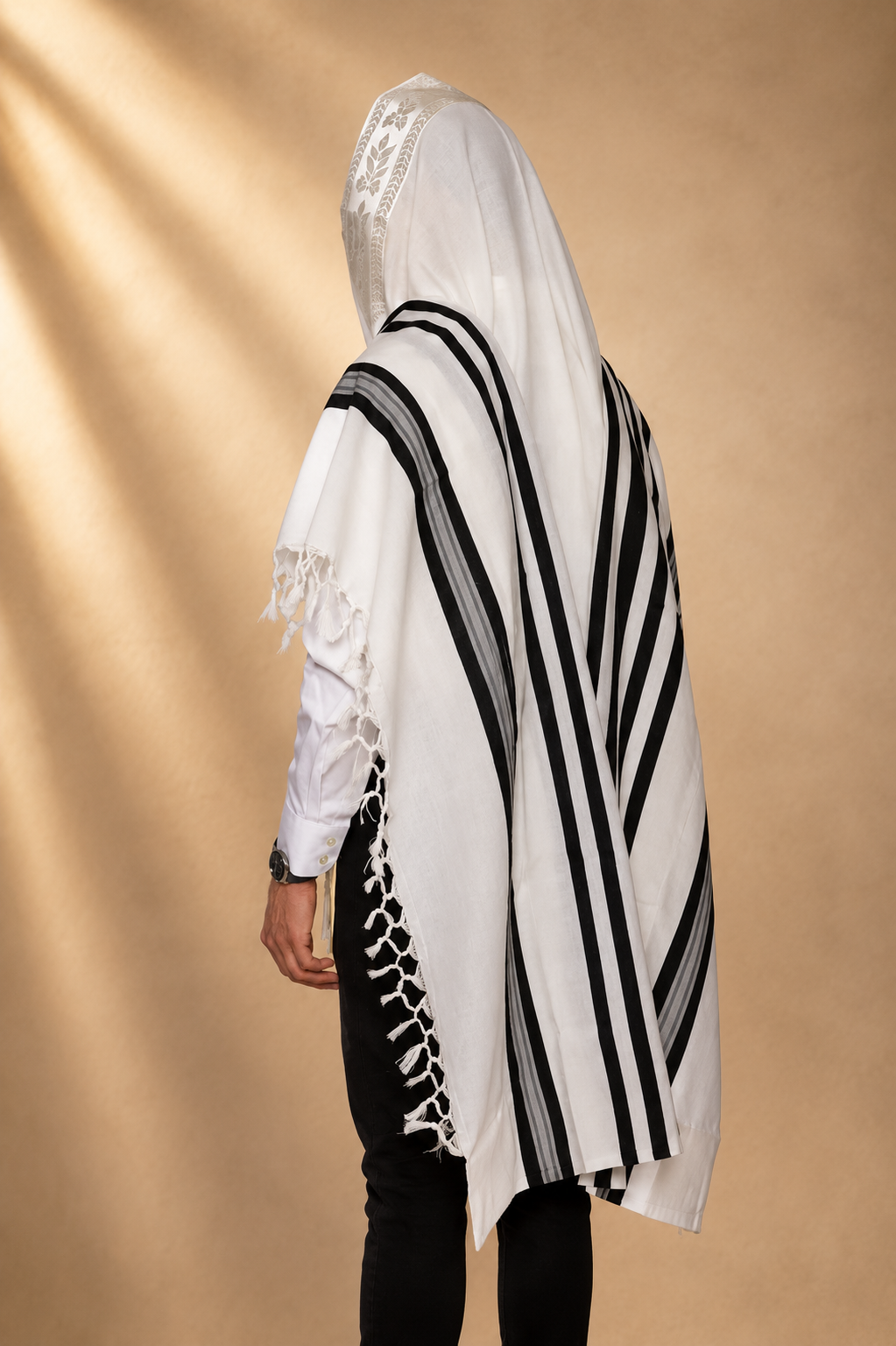 MOOSAF- Non-Slip Fancy pure wool tallit- Black stripes