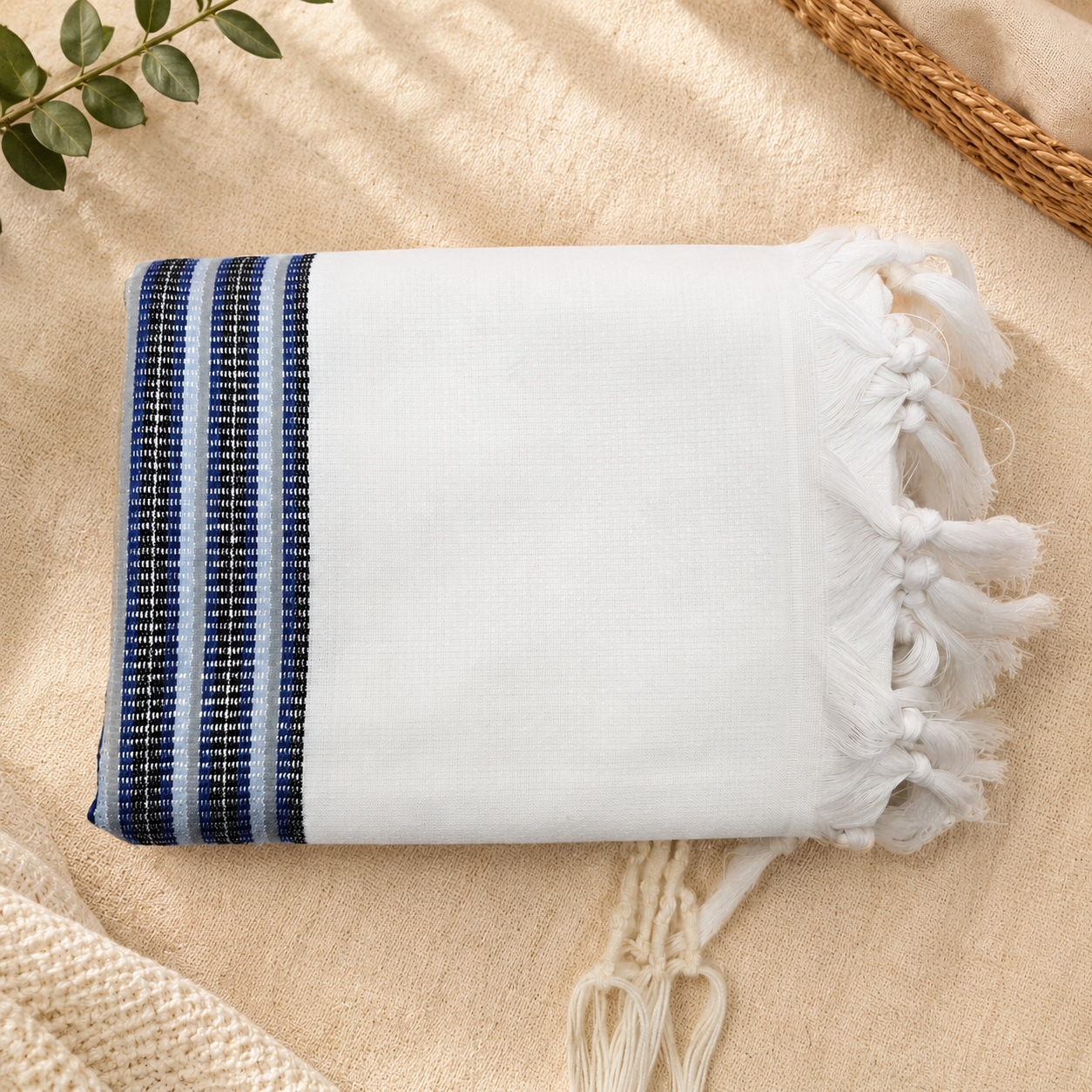 Premium Non-Slip Wool Tallit – Royal Blue, Techelet, Silver & Black Stripes