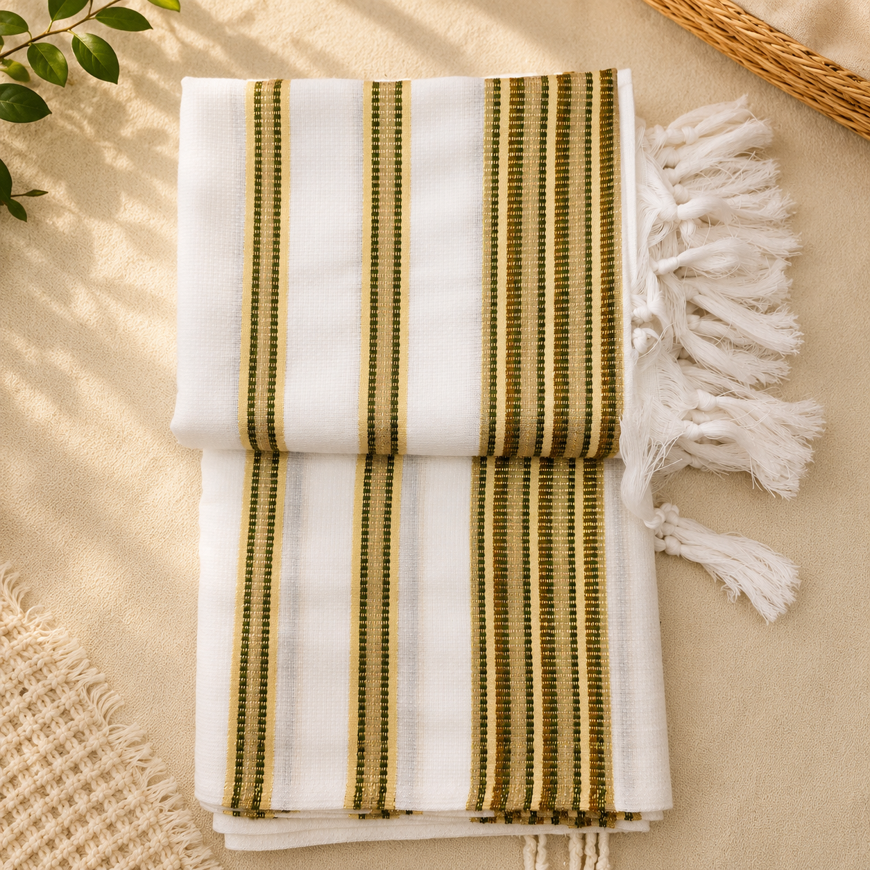 Premium Non-Slip Wool Tallit – Olive & Earth Gold Stripes