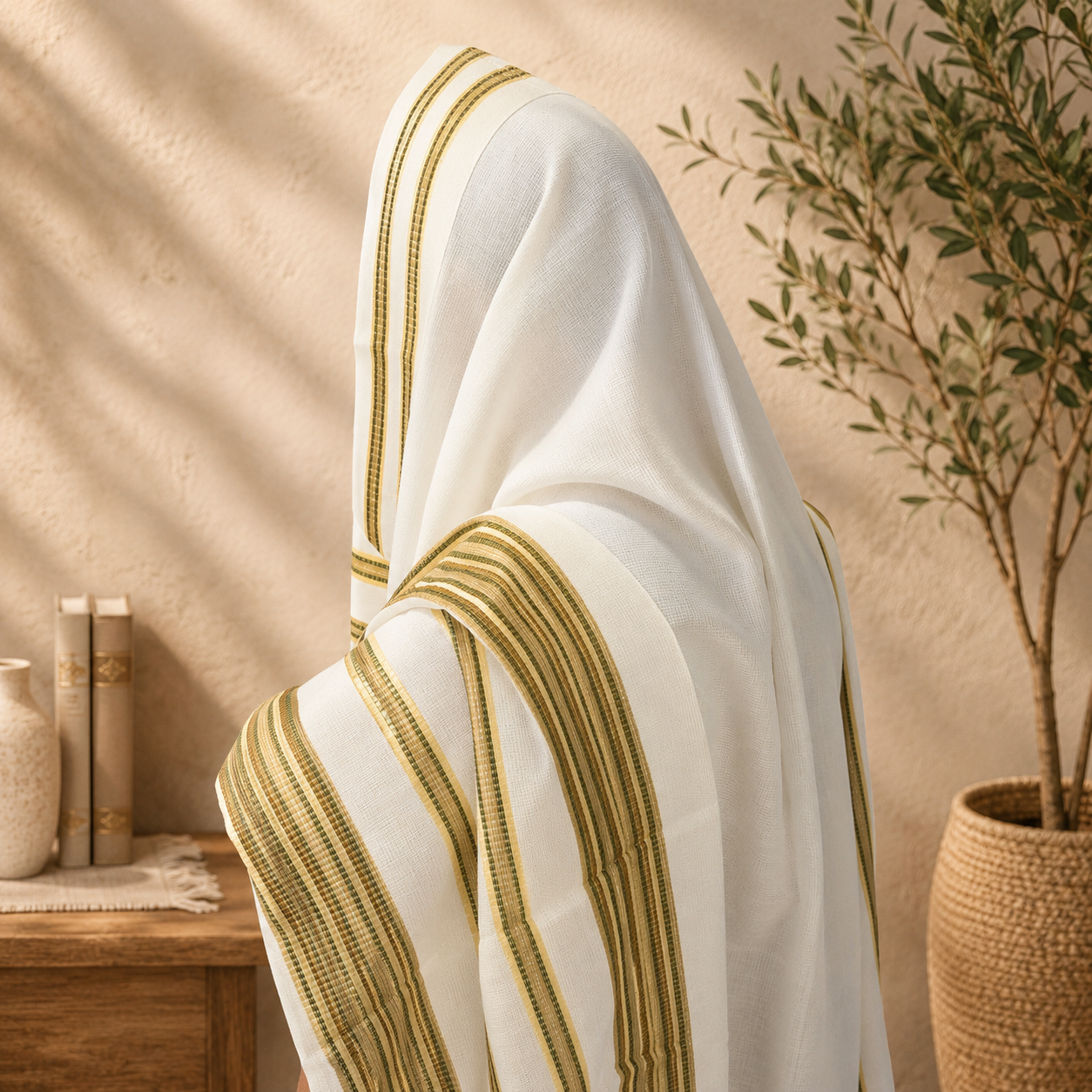Premium Non-Slip Wool Tallit – Olive & Earth Gold Stripes