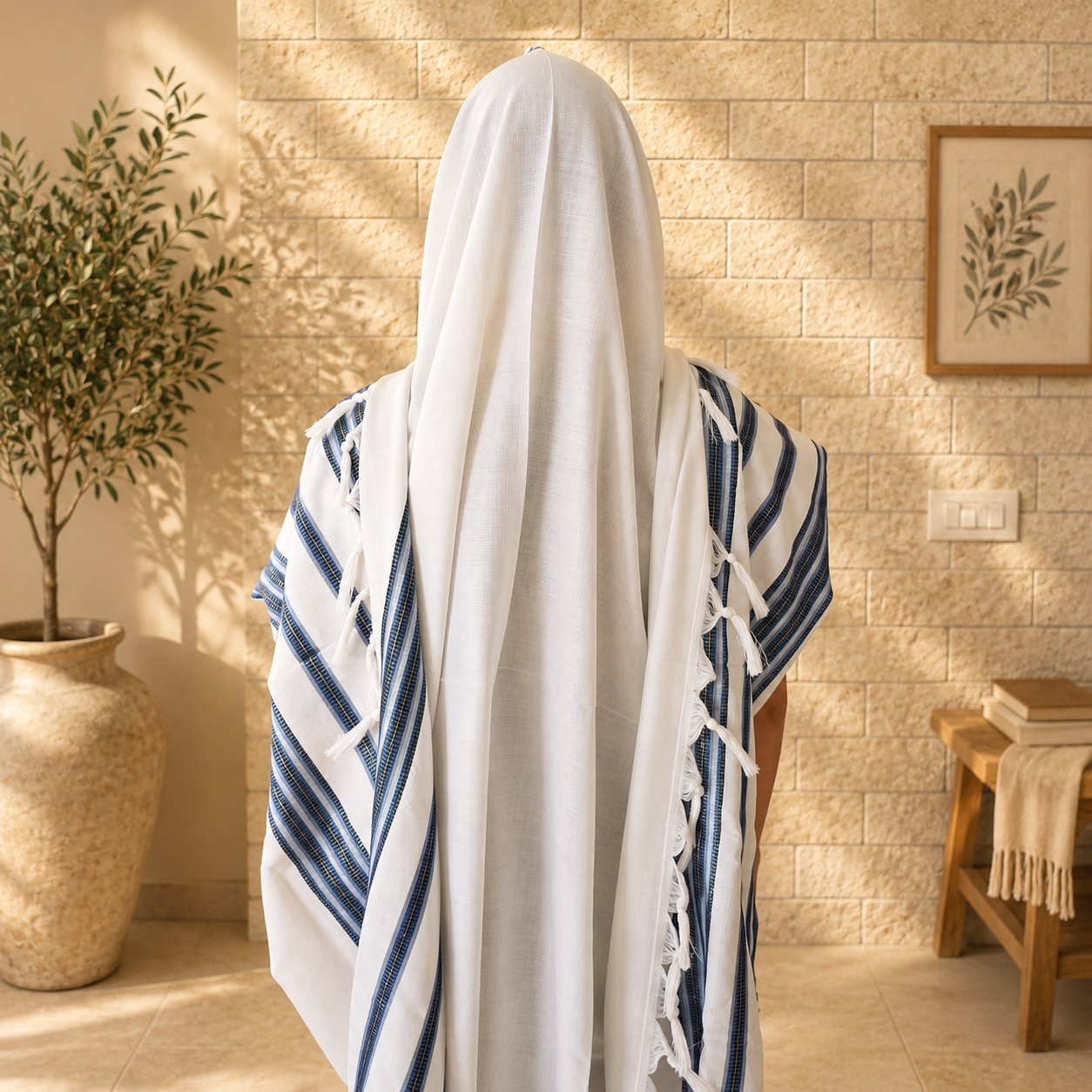 Premium Non-Slip Wool Tallit – Royal Blue, Techelet, Silver & Black Stripes