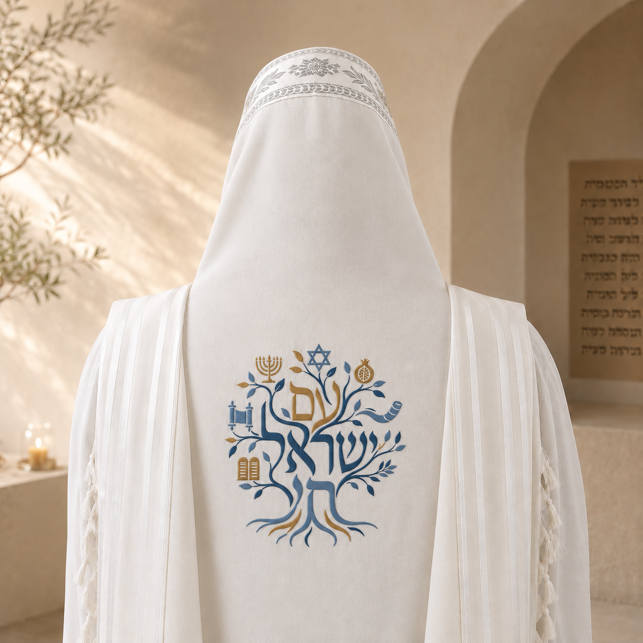 Am Yisrael Chai Tree Embroidery Design – Custom Tallit Back Embroidery