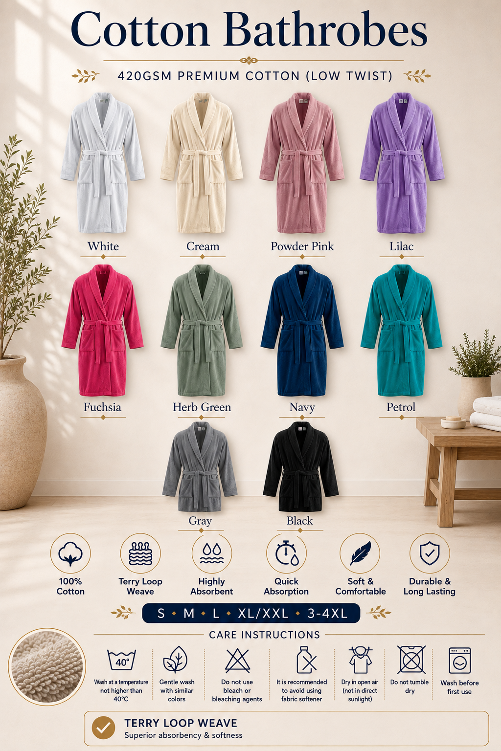 Premium 100% Cotton Bathrobe | Personalized Embroidery Available
