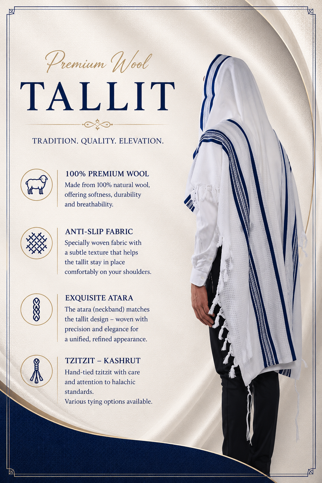 LAMENAZACH-Non-slip pure wool tallit- Blue stripes