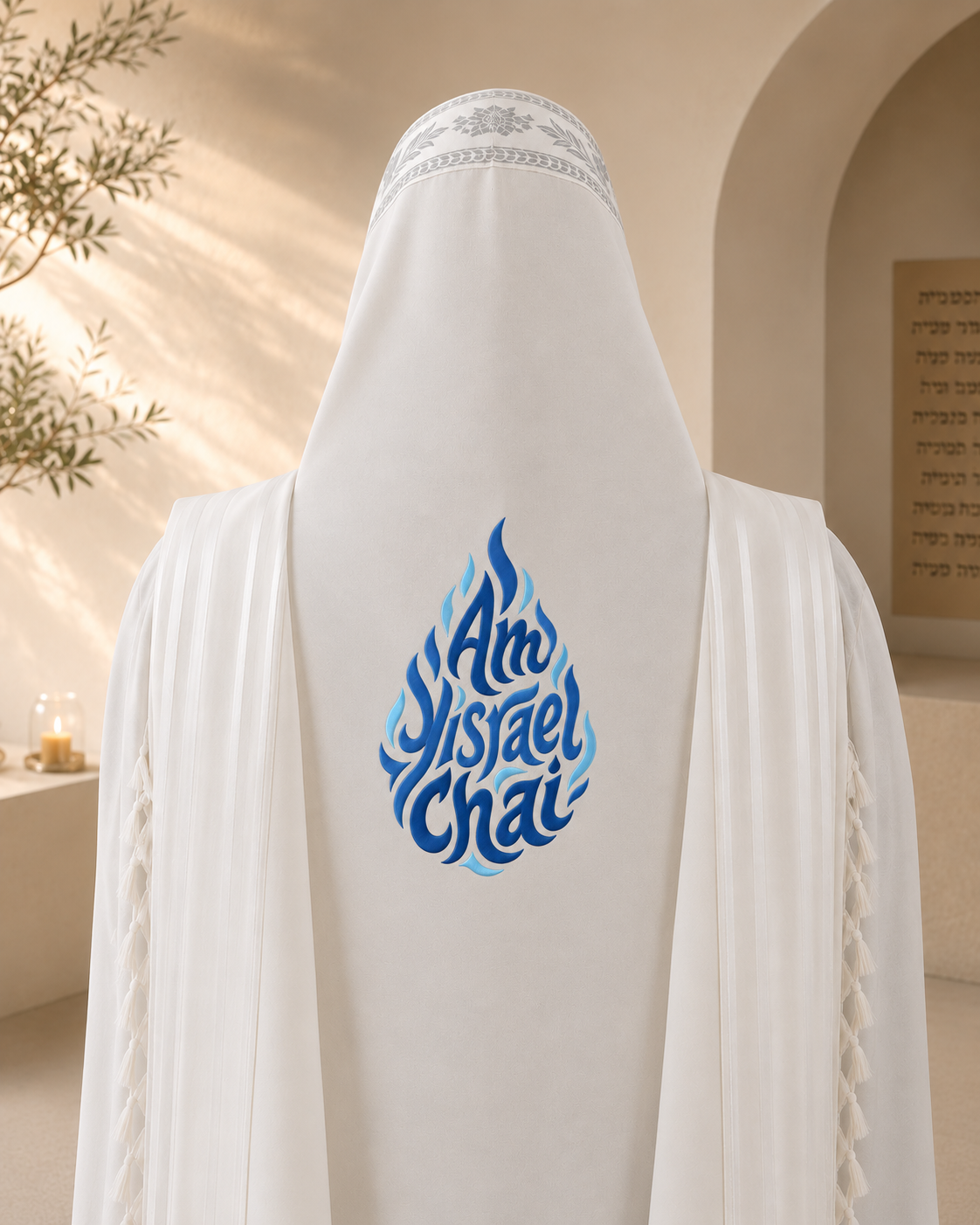 Am Yisrael Chai Flame Embroidery Design – Multi-Color Custom Tallit Back Embroidery