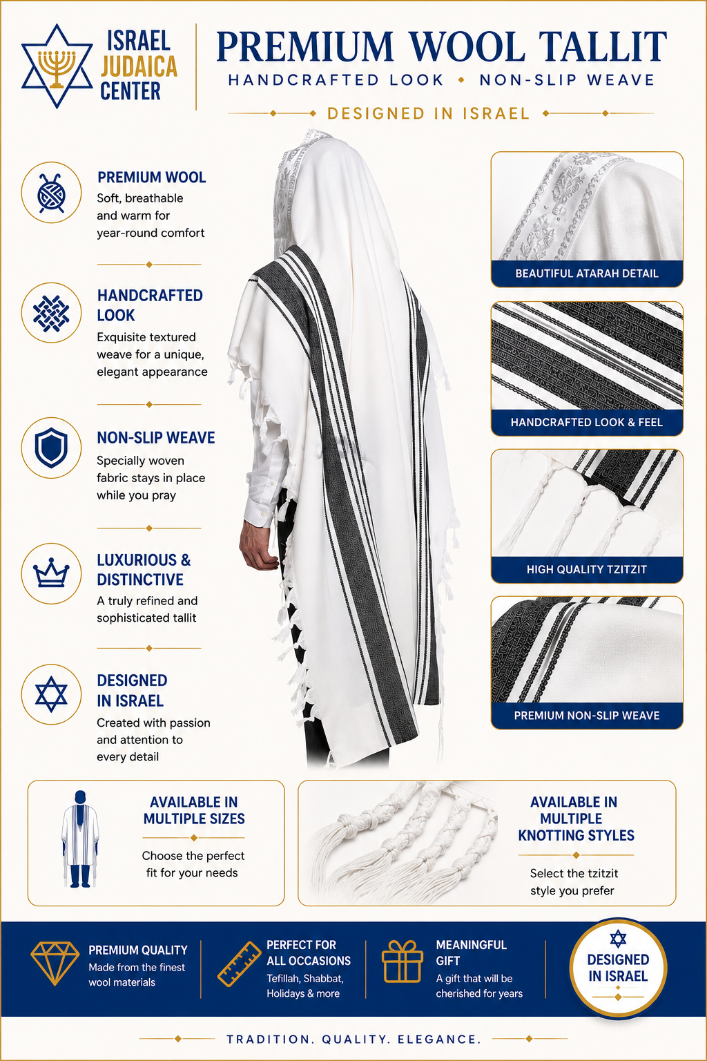 Hallelujah - Premium Handwoven-Style Wool Tallit with Non-Slip Fabric - Black Stripes
