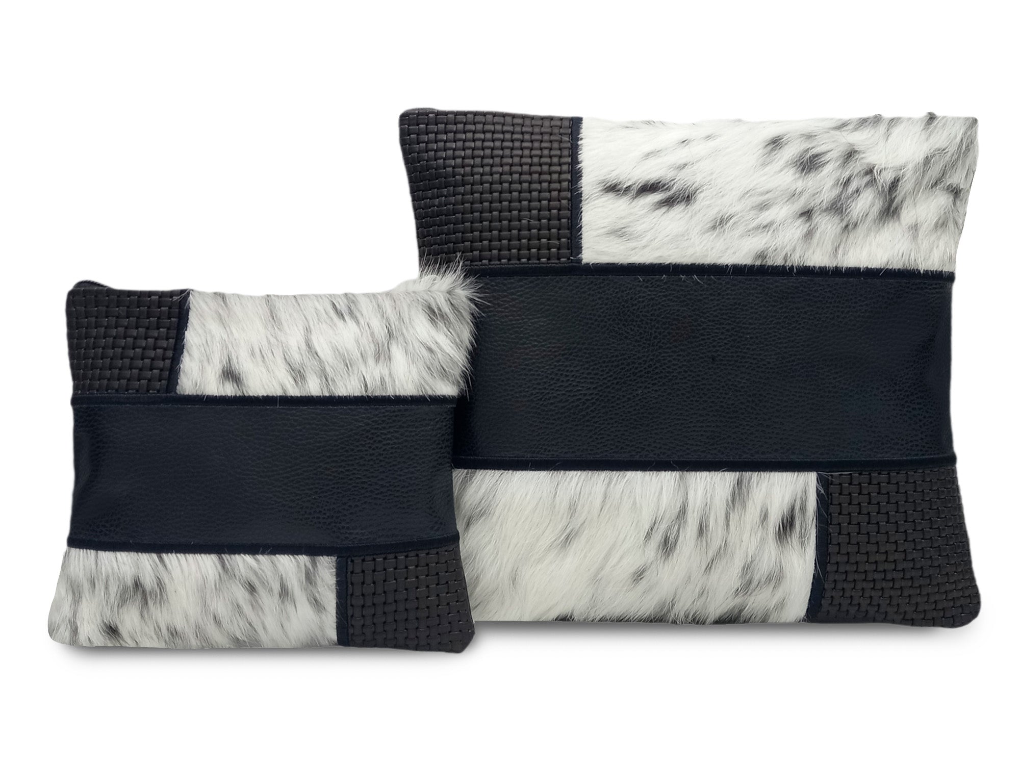 Premium Black Leather Tallit & Tefillin Bag Set with Black & White Cowhide Fur Patchwork Accents