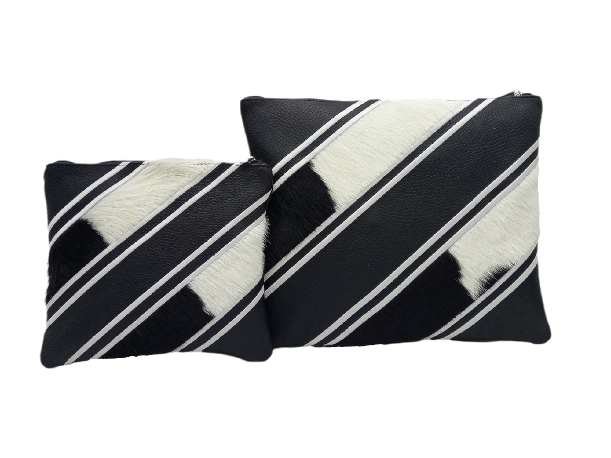 Premium Black Leather Tallit & Tefillin Bag Set with White Cowhide Fur Diagonal Accents