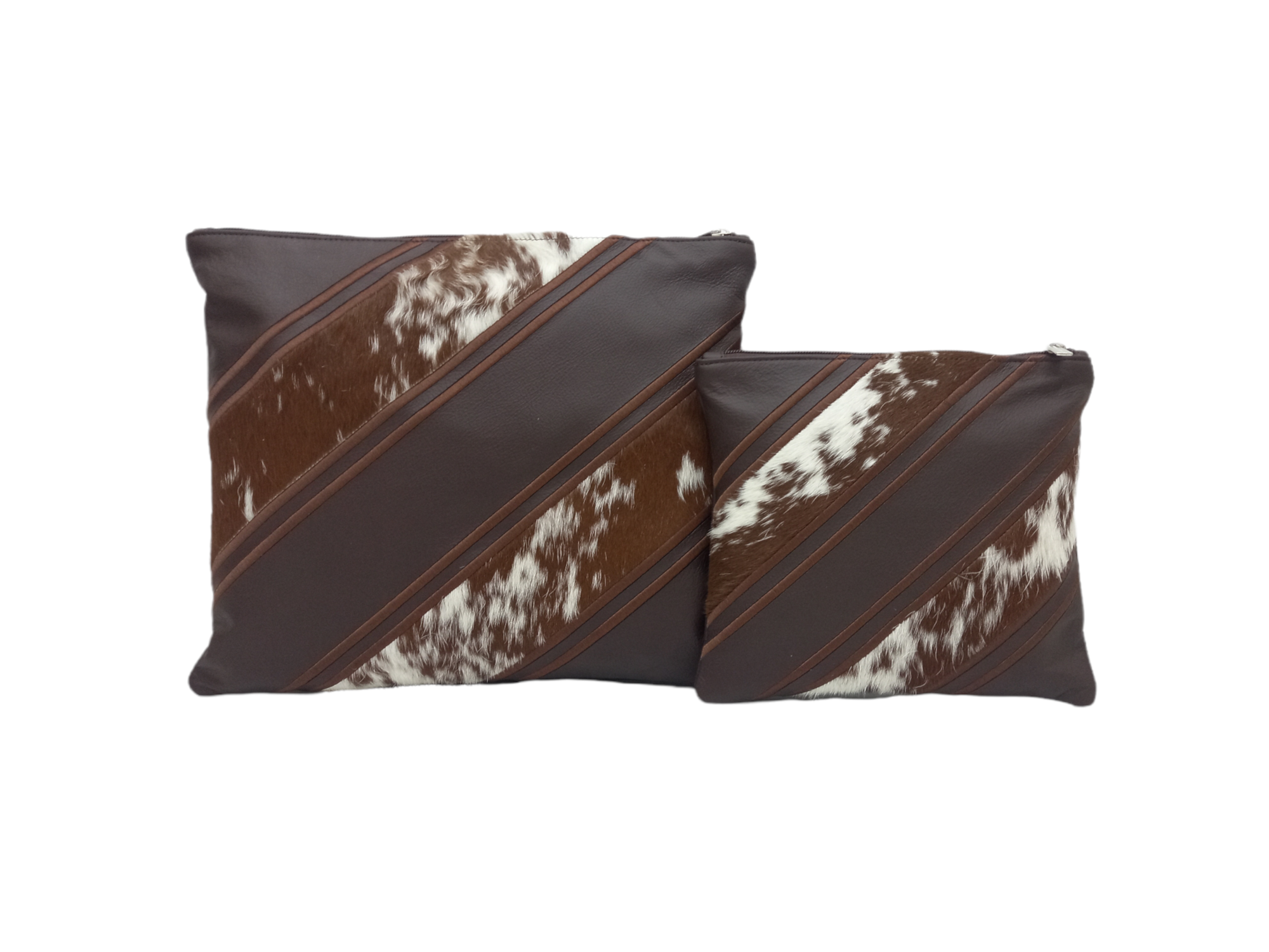 Premium Dark Brown Leather Tallit & Tefillin Bag Set with Brown & White Cowhide Fur Diagonal Accents