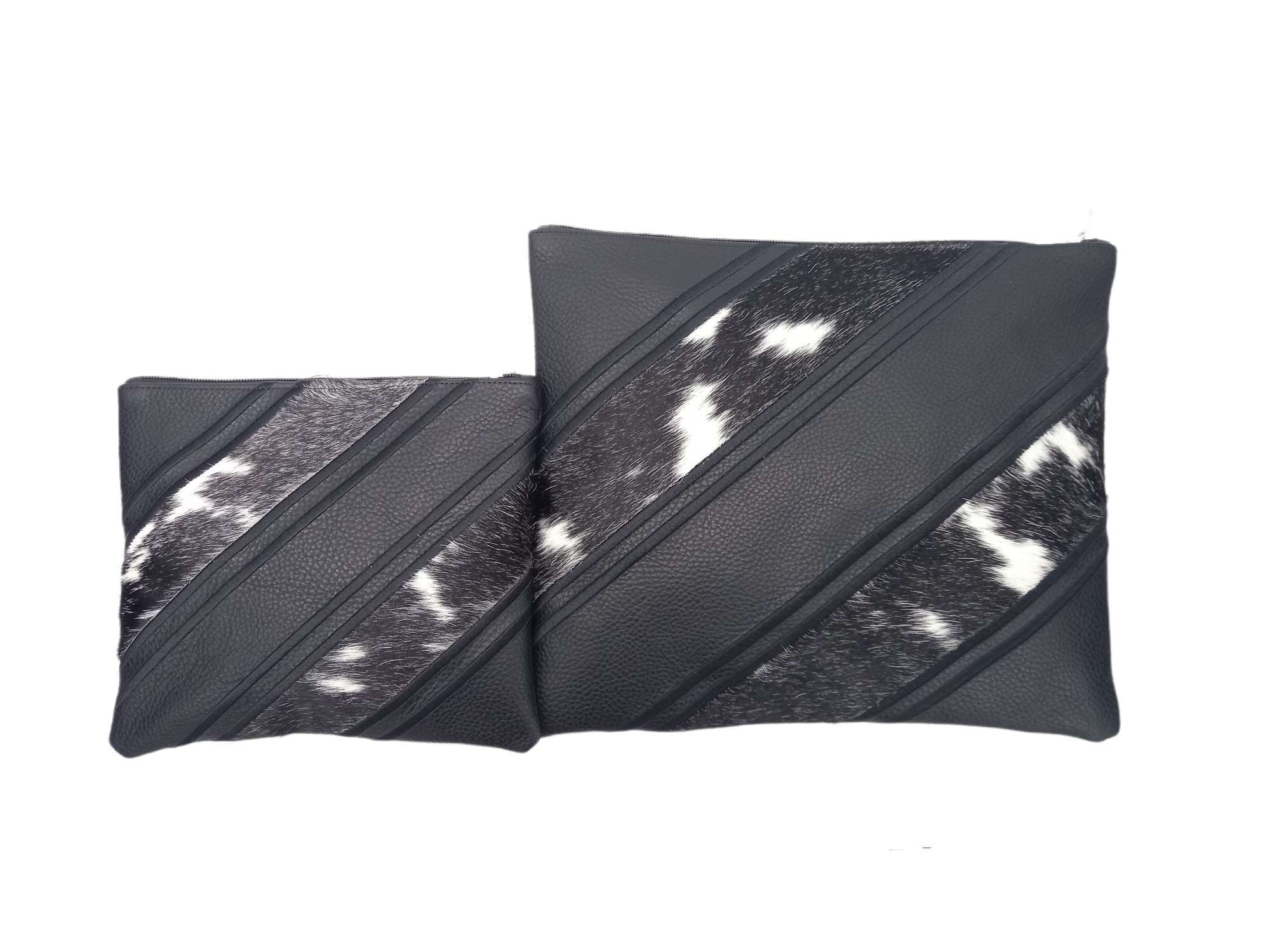 Premium Dark Gray Leather Tallit & Tefillin Bag Set with Black & White Cowhide Fur Diagonal Accents