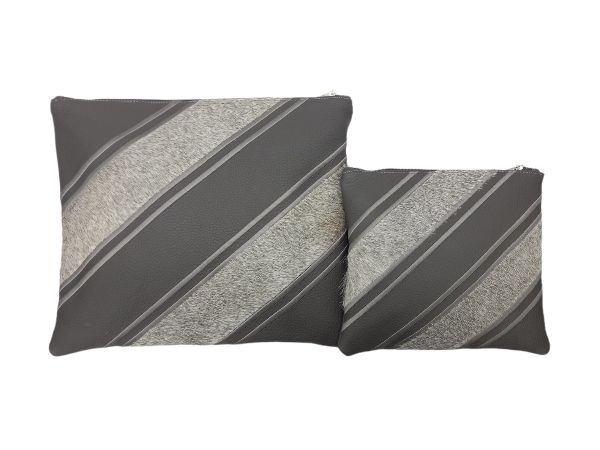 Premium Gray Leather Tallit & Tefillin Bag Set with Gray Cowhide Fur Diagonal Design