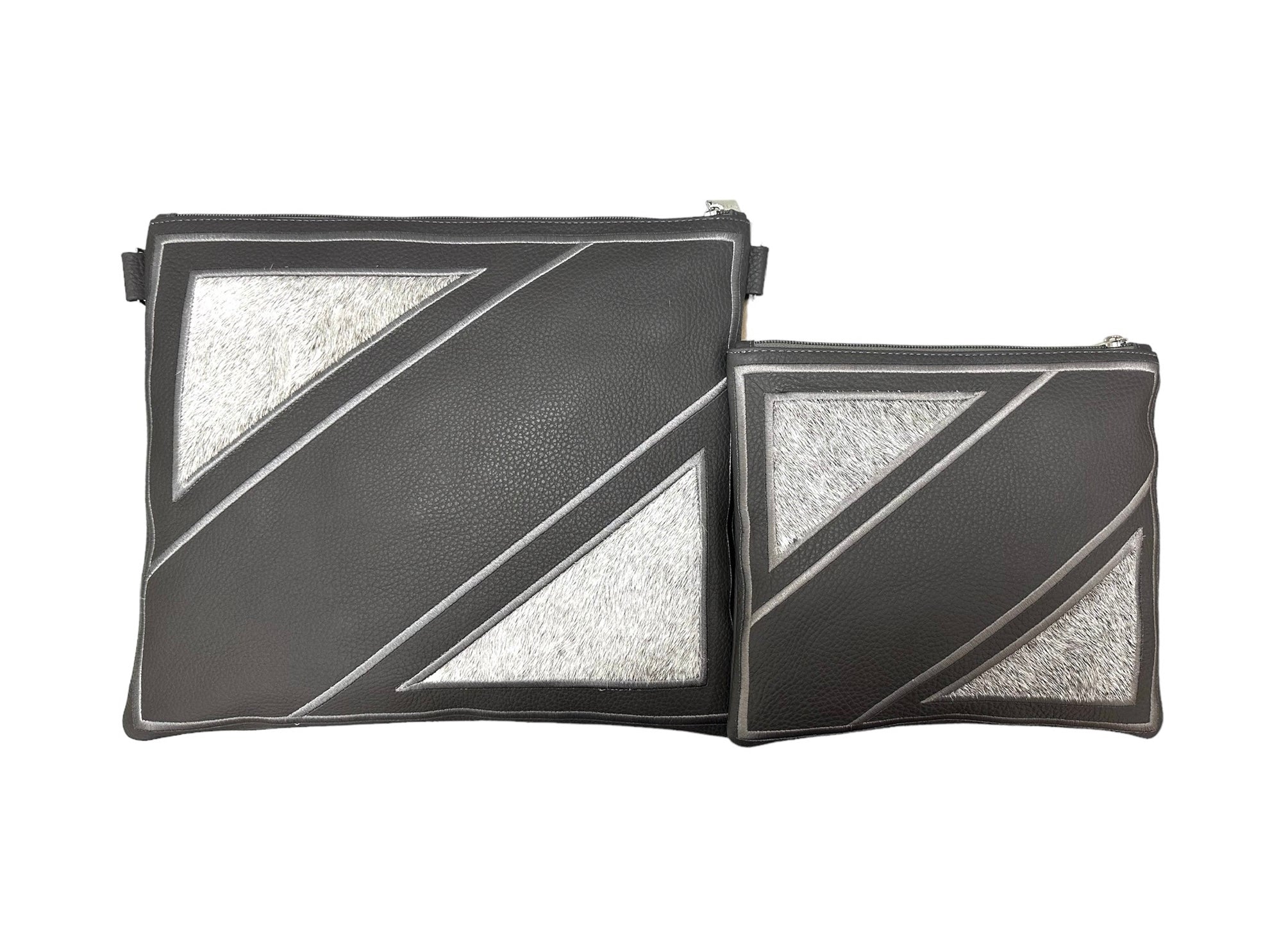Premium Gray Leather Tallit & Tefillin Bag Set with White Fur Corner Accents